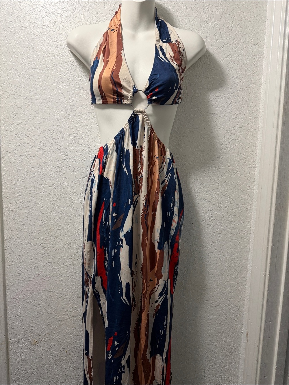 Navy Multicolor Halter Cutout Maxi Dress
